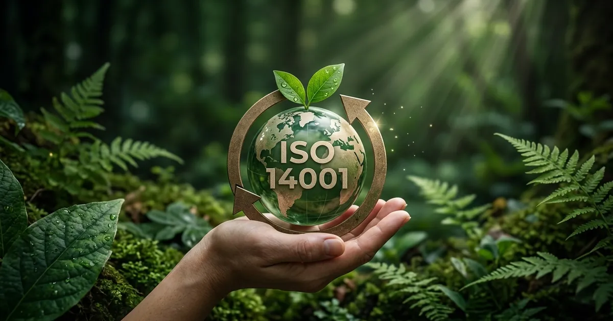 森の中で光る地球のオブジェを手に載せ、環境保全とISO14001への取り組みを象徴するイメージ画像