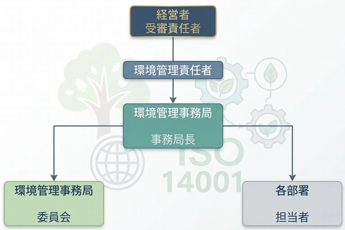 ISO 14001環境マネジメントシステムに基づいた、経営者から各部署担当者までの流れを示すスタイリッシュな組織図。